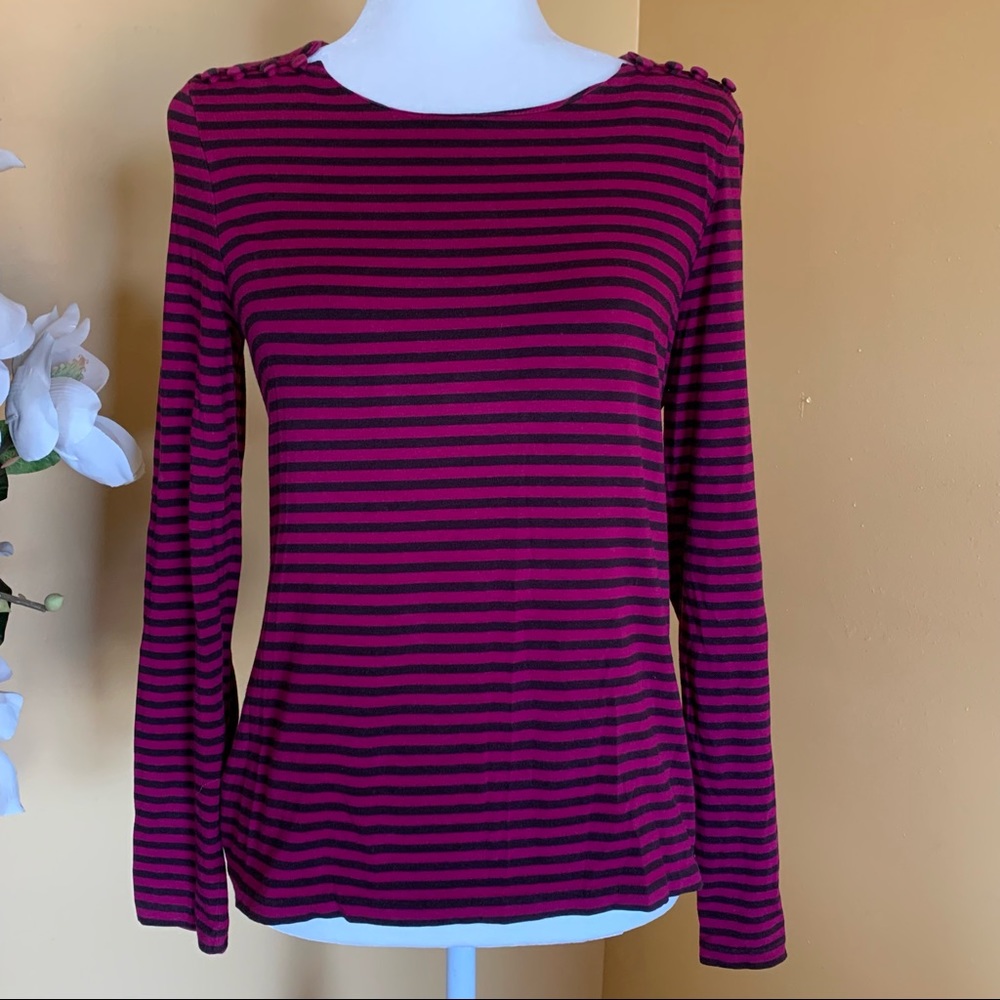 Anne Klein Top Brown Pink Long Sleeve Striped Top Size Medium.